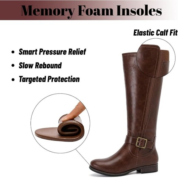 Women's Leather Brown Knee High Flat Tall Stylish Round Toe Winter Casual Boot - Picture 5 of 6